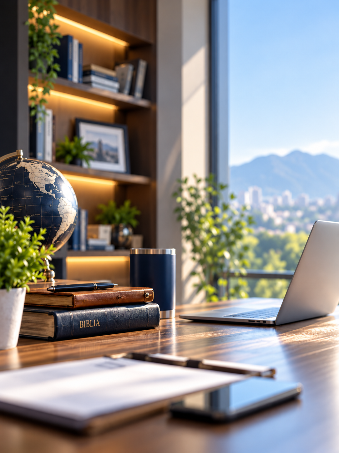 Escritorio profesional con libros, laptop y vista de la ciudad